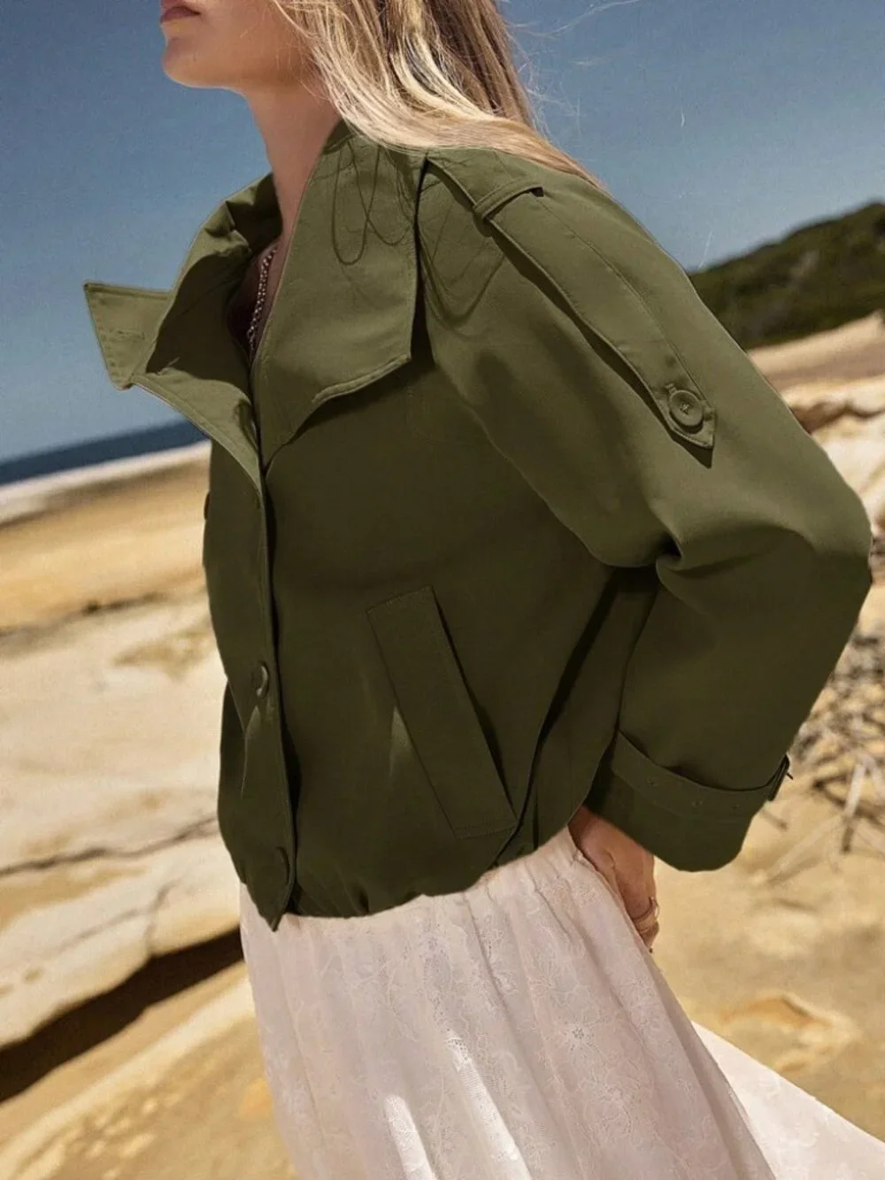 Olive Green Oversized Cropped Trench Jacket with Belted Cuffs